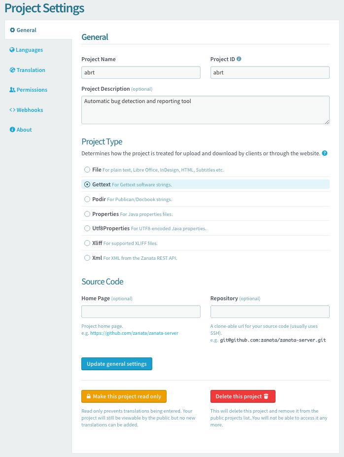 Project General Settings tab