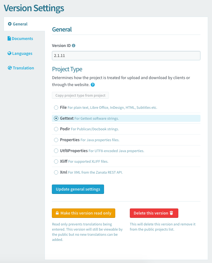 Version General Settings tab