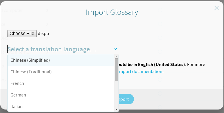 Glossary upload window, PO file