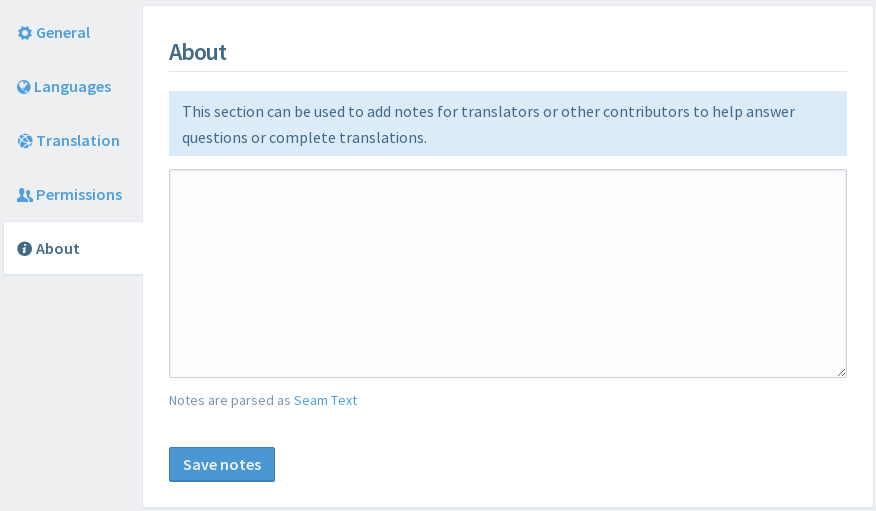 Project About Settings tab