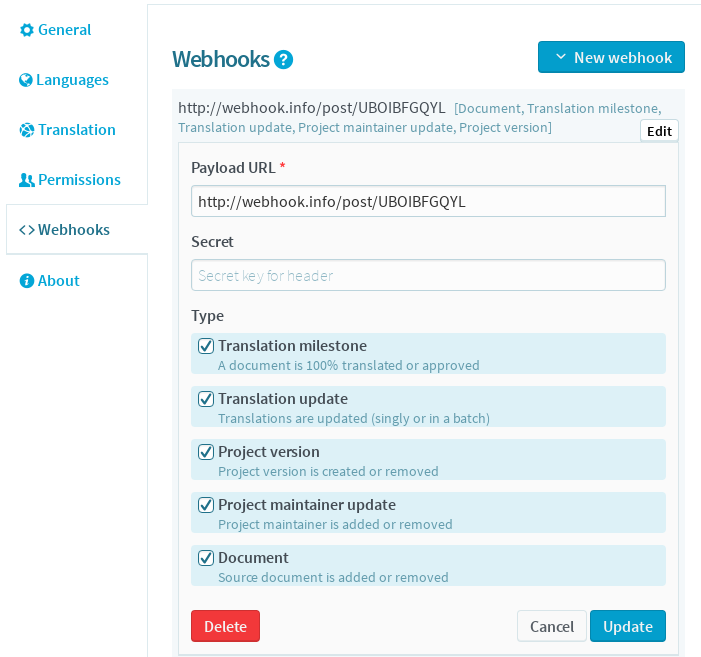 Project Webhooks Edit