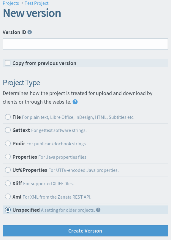 Example version creation form with completed name and other settings